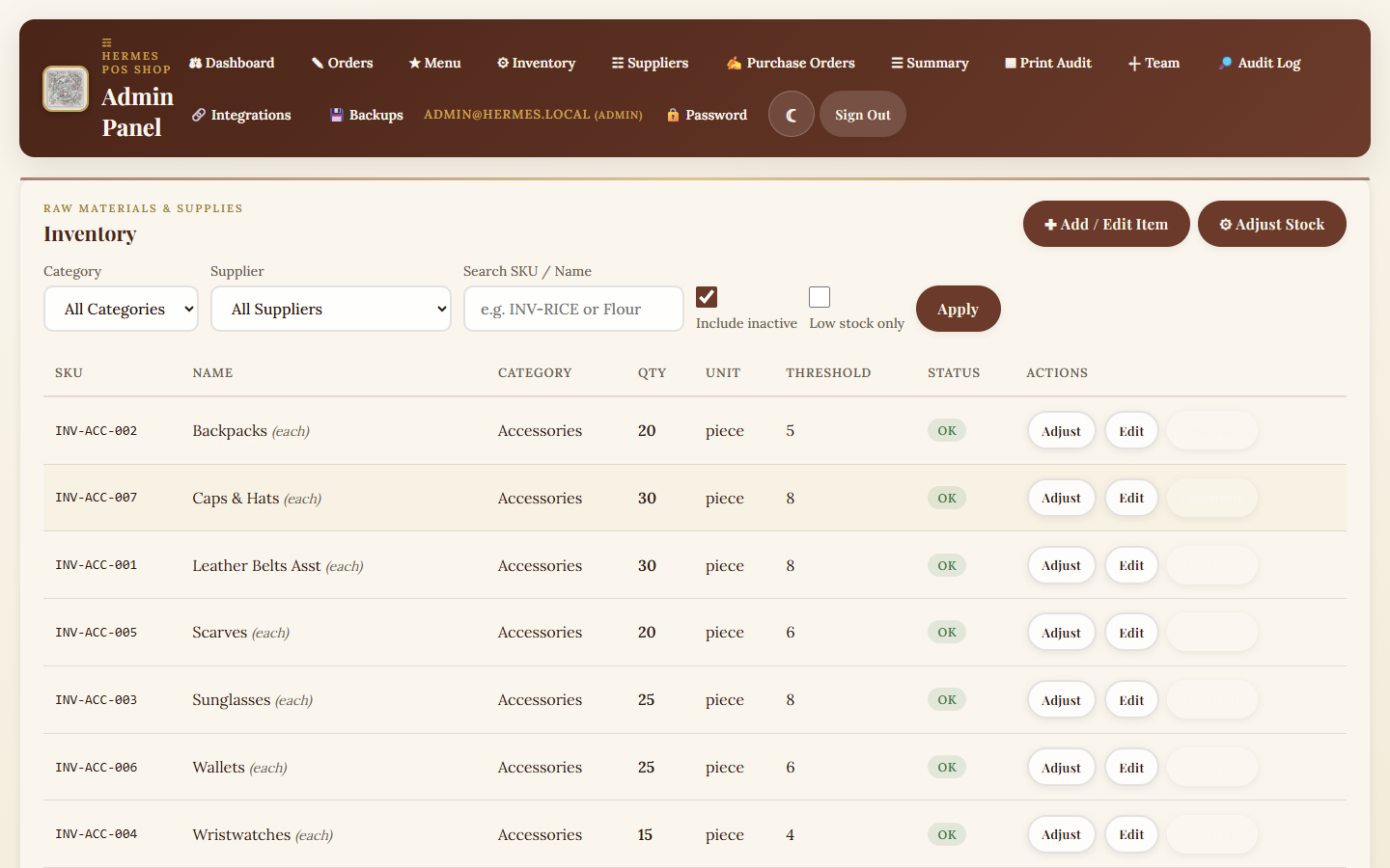 Hermes Shop Inventory